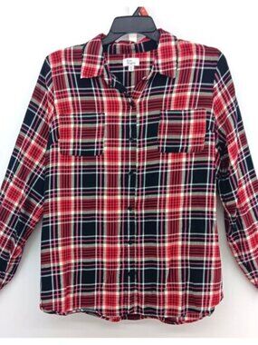 Kim Rogers Shirt Women Size 2XL Red Plaid Metallic Gold Thread Button Up Top